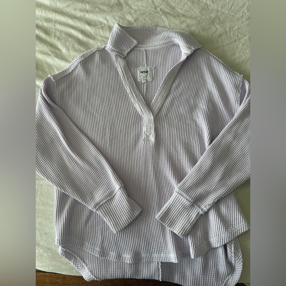 Aerie Waffle Knit Henley Long Sleeve Top Small Lavender